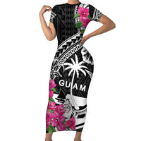 Guam Chamorro Short Sleeve Bodycon Dress Bougainvillea Black Polynesian Tribal Pattern LT05 Long Dress Black - Polynesian Pride