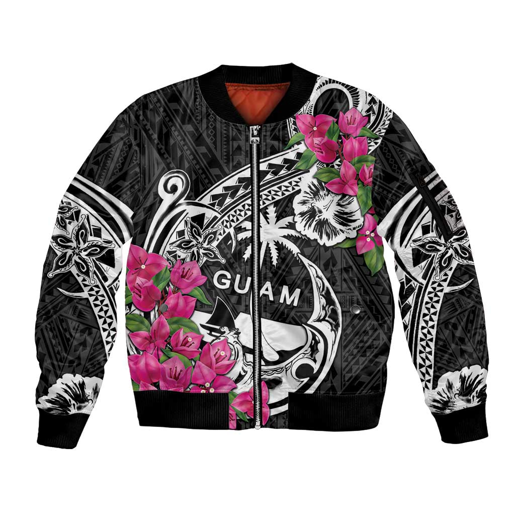 Guam Chamorro Sleeve Zip Bomber Jacket Bougainvillea Black Polynesian Tribal Pattern LT05 Unisex Black - Polynesian Pride