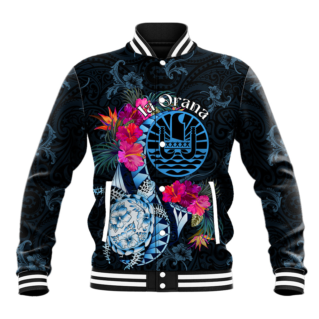 Tahiti Ia Orana Baseball Jacket Polynesian Turtle With Coat Of Arms LT05 Unisex Blue - Polynesian Pride