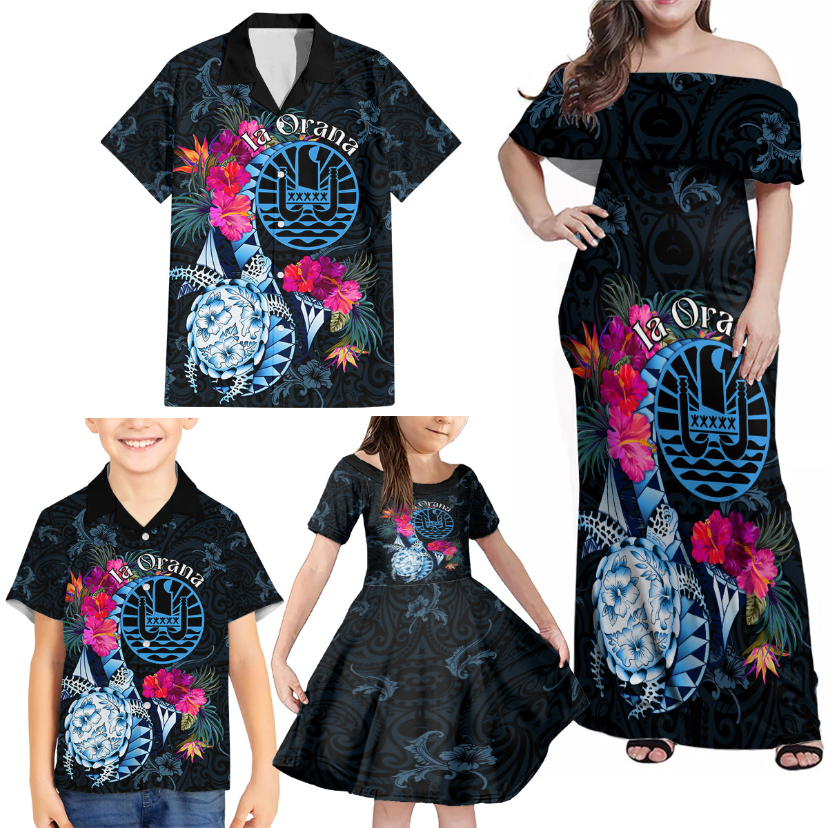 Tahiti Ia Orana Family Matching Off Shoulder Maxi Dress and Hawaiian Shirt Polynesian Turtle With Coat Of Arms LT05 - Polynesian Pride