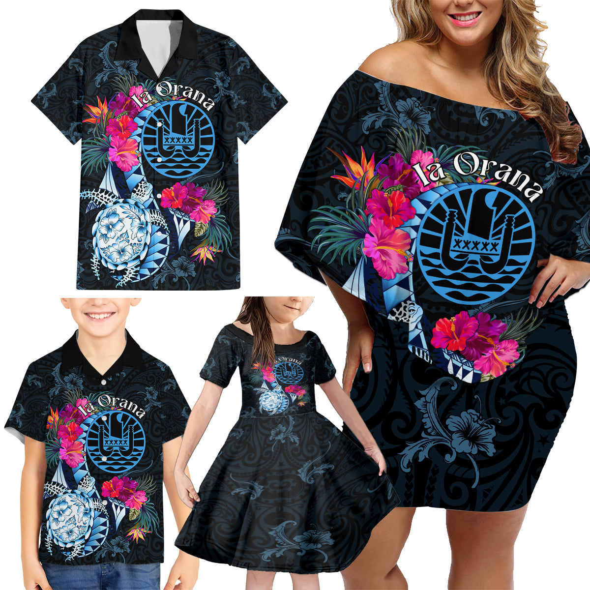 Tahiti Ia Orana Family Matching Off Shoulder Short Dress and Hawaiian Shirt Polynesian Turtle With Coat Of Arms LT05 - Polynesian Pride