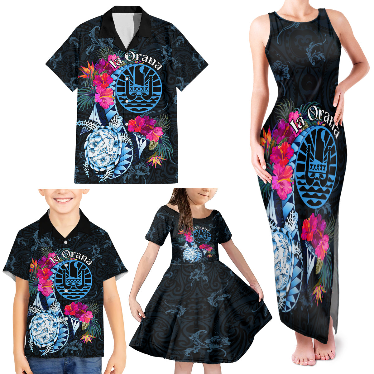 Tahiti Ia Orana Family Matching Tank Maxi Dress and Hawaiian Shirt Polynesian Turtle With Coat Of Arms LT05 - Polynesian Pride