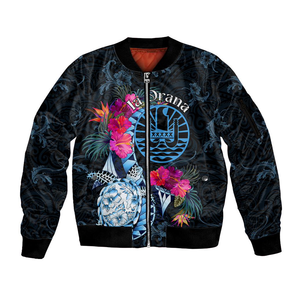 Tahiti Ia Orana Sleeve Zip Bomber Jacket Polynesian Turtle With Coat Of Arms LT05 Unisex Blue - Polynesian Pride