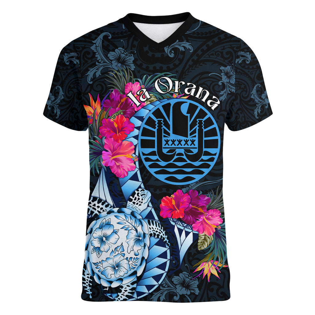 Tahiti Ia Orana Women V Neck T Shirt Polynesian Turtle With Coat Of Arms LT05 Female Blue - Polynesian Pride