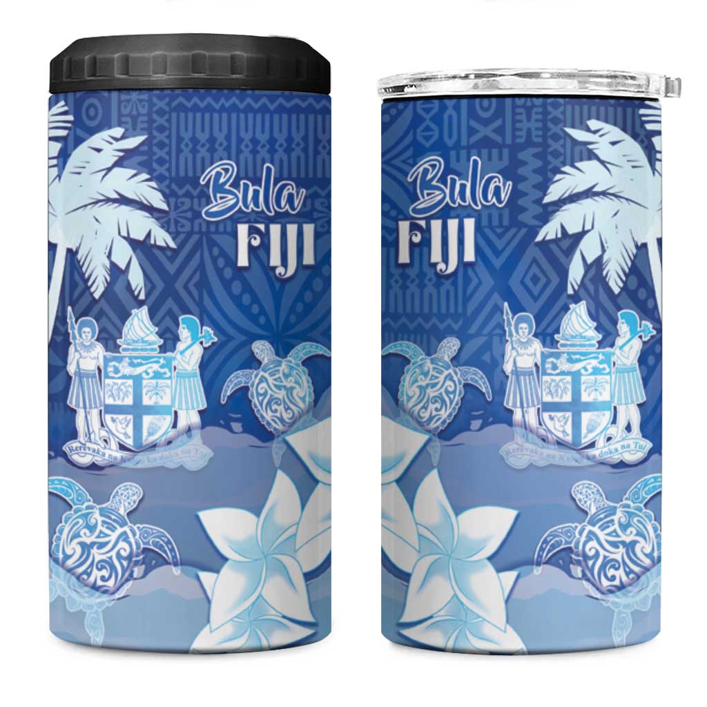 Bula Fiji 4 in 1 Can Cooler Tumbler Fijian Masi Pattern With Blue Coat Of Arms