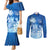 Personalised Bula Fiji Couples Matching Mermaid Dress and Long Sleeve Button Shirt Fijian Masi Pattern With Blue Coat Of Arms LT05 Blue - Polynesian Pride