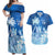 Personalised Bula Fiji Couples Matching Off Shoulder Maxi Dress and Hawaiian Shirt Fijian Masi Pattern With Blue Coat Of Arms LT05 Blue - Polynesian Pride