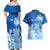 Personalised Bula Fiji Couples Matching Off Shoulder Maxi Dress and Hawaiian Shirt Fijian Masi Pattern With Blue Coat Of Arms LT05 - Polynesian Pride