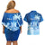 Personalised Bula Fiji Couples Matching Off Shoulder Short Dress and Hawaiian Shirt Fijian Masi Pattern With Blue Coat Of Arms LT05 - Polynesian Pride