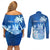 Personalised Bula Fiji Couples Matching Off Shoulder Short Dress and Long Sleeve Button Shirt Fijian Masi Pattern With Blue Coat Of Arms LT05 - Polynesian Pride