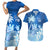 Personalised Bula Fiji Couples Matching Short Sleeve Bodycon Dress and Hawaiian Shirt Fijian Masi Pattern With Blue Coat Of Arms LT05 Blue - Polynesian Pride