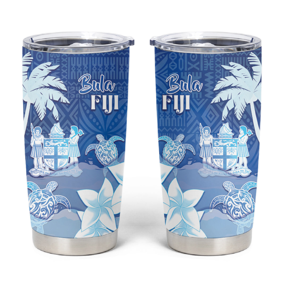 Bula Fiji Tumbler Cup Fijian Masi Pattern With Blue Coat Of Arms LT05 Blue - Polynesian Pride
