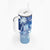 Bula Fiji Tumbler With Handle Fijian Masi Pattern With Blue Coat Of Arms