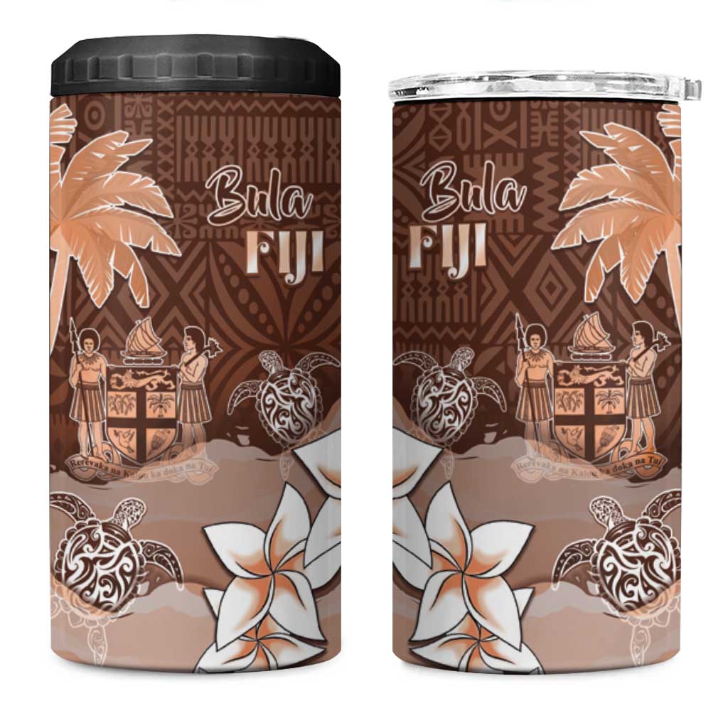 Bula Fiji 4 in 1 Can Cooler Tumbler Fijian Masi Pattern With Brown Coat Of Arms