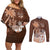 Personalised Bula Fiji Couples Matching Off Shoulder Short Dress and Long Sleeve Button Shirt Fijian Masi Pattern With Brown Coat Of Arms LT05 Brown - Polynesian Pride