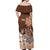 Personalised Bula Fiji Off Shoulder Maxi Dress Fijian Masi Pattern With Brown Coat Of Arms LT05 - Polynesian Pride