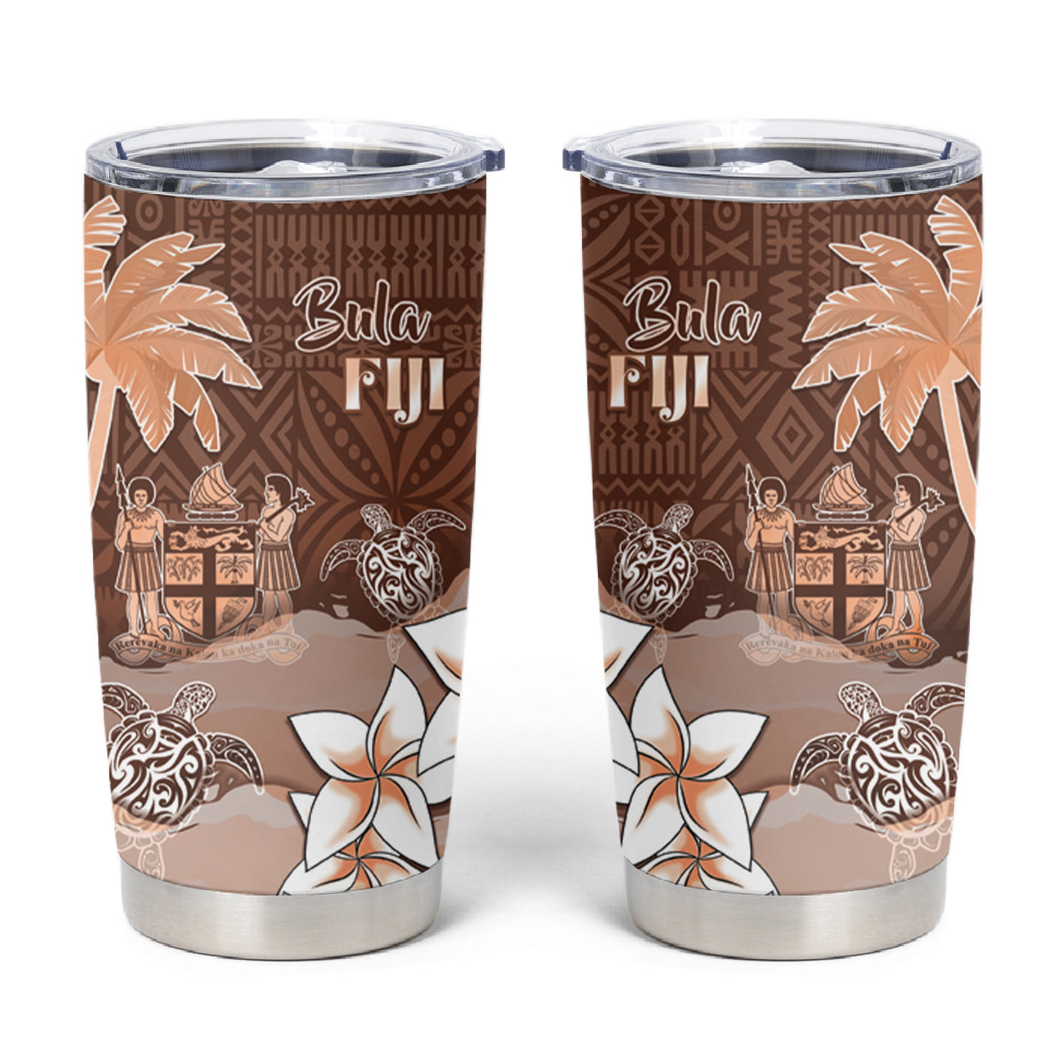 Bula Fiji Tumbler Cup Fijian Masi Pattern With Brown Coat Of Arms LT05 Brown - Polynesian Pride