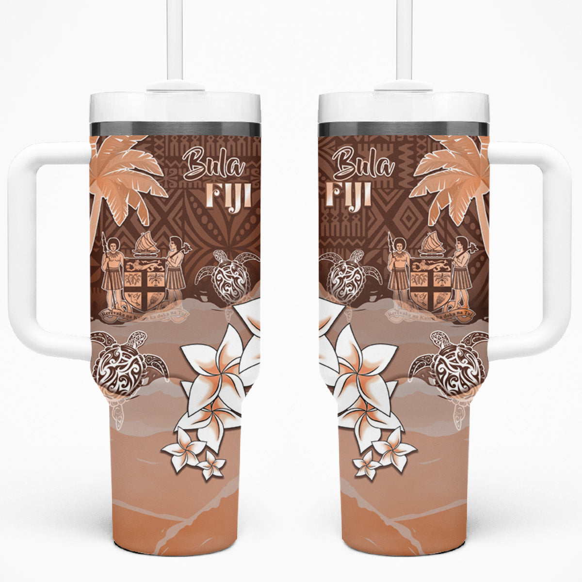 Bula Fiji Tumbler With Handle Fijian Masi Pattern With Brown Coat Of Arms LT05 One Size: 40 oz Brown - Polynesian Pride