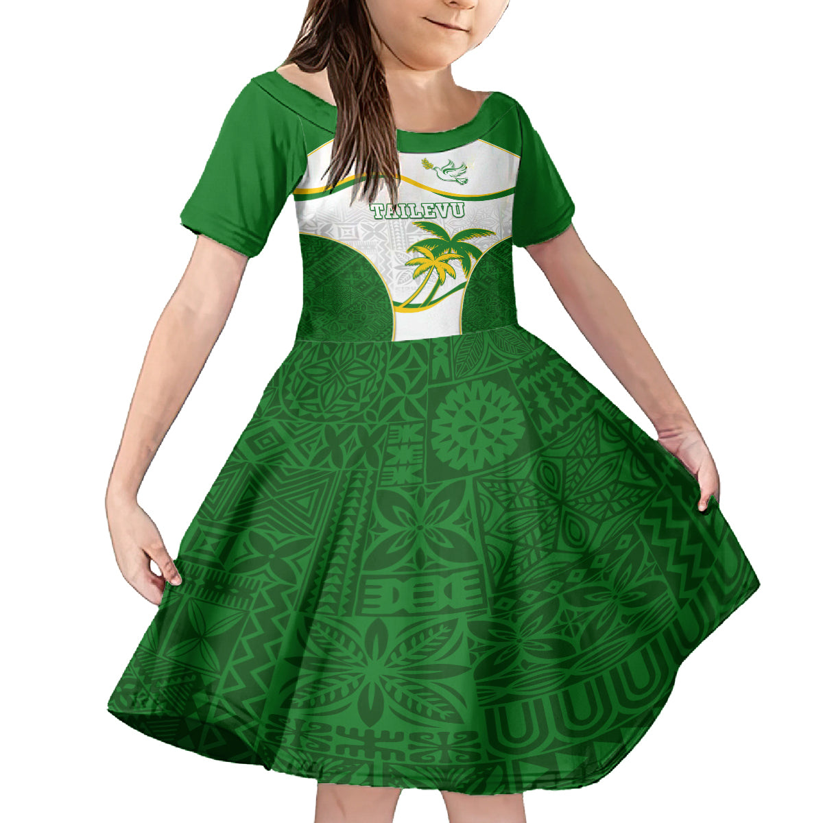 Custom Tailevu Rugby Kid Short Sleeve Dress Fiji Tapa Pattern LT05 KID Green - Polynesian Pride