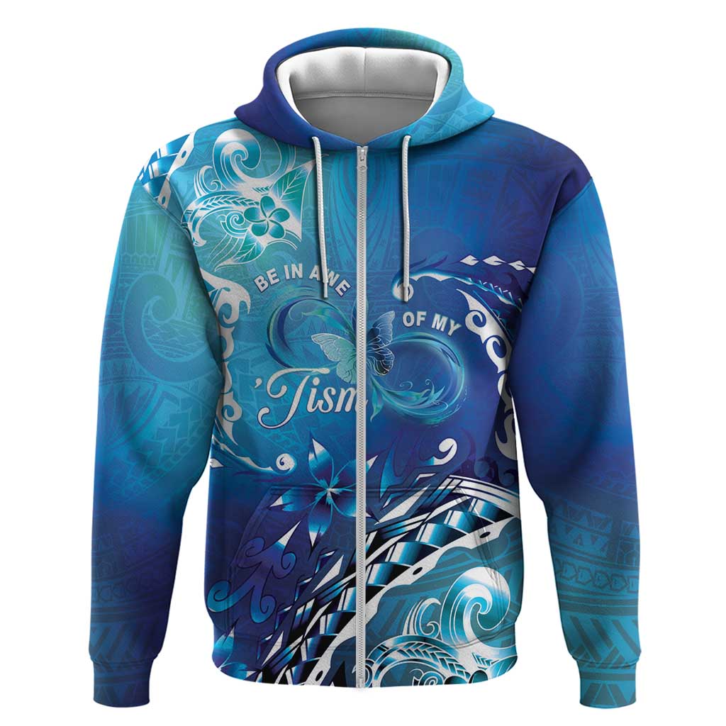 Polynesia Autism Awareness Hoodie Be In Awe Of My 'Tism LT05 Zip Hoodie Blue - Polynesian Pride