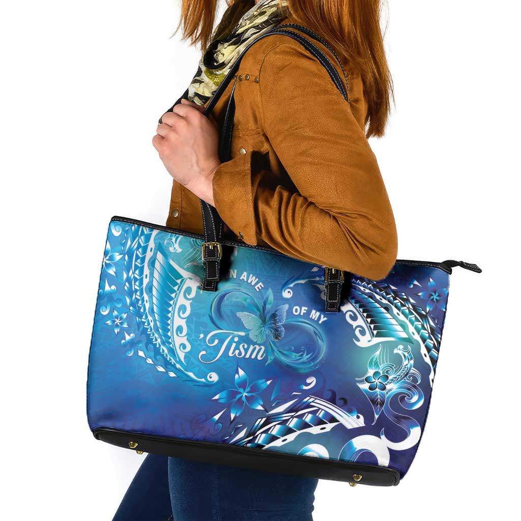 Polynesia Autism Awareness Leather Tote Bag Be In Awe Of My 'Tism LT05 Blue - Polynesian Pride