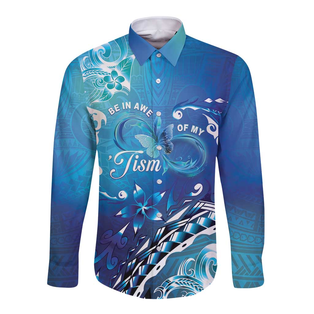 Polynesia Autism Awareness Long Sleeve Button Shirt Be In Awe Of My 'Tism LT05 Unisex Blue - Polynesian Pride