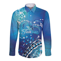 Polynesia Autism Awareness Long Sleeve Button Shirt Be In Awe Of My 'Tism LT05 Unisex Blue - Polynesian Pride