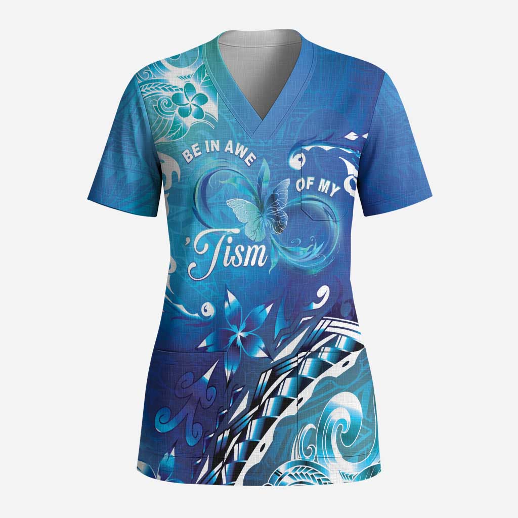 Polynesia Autism Awareness Scrub Top Be In Awe Of My 'Tism LT05 Adult Blue - Polynesian Pride