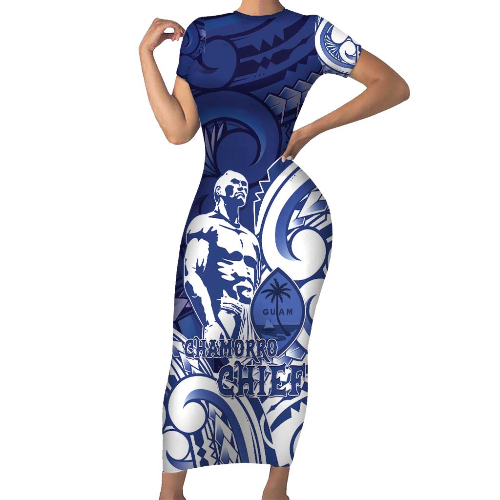 Guam Chief Kepuha Short Sleeve Bodycon Dress Chamorro Pride LT05 Long Dress Blue - Polynesian Pride