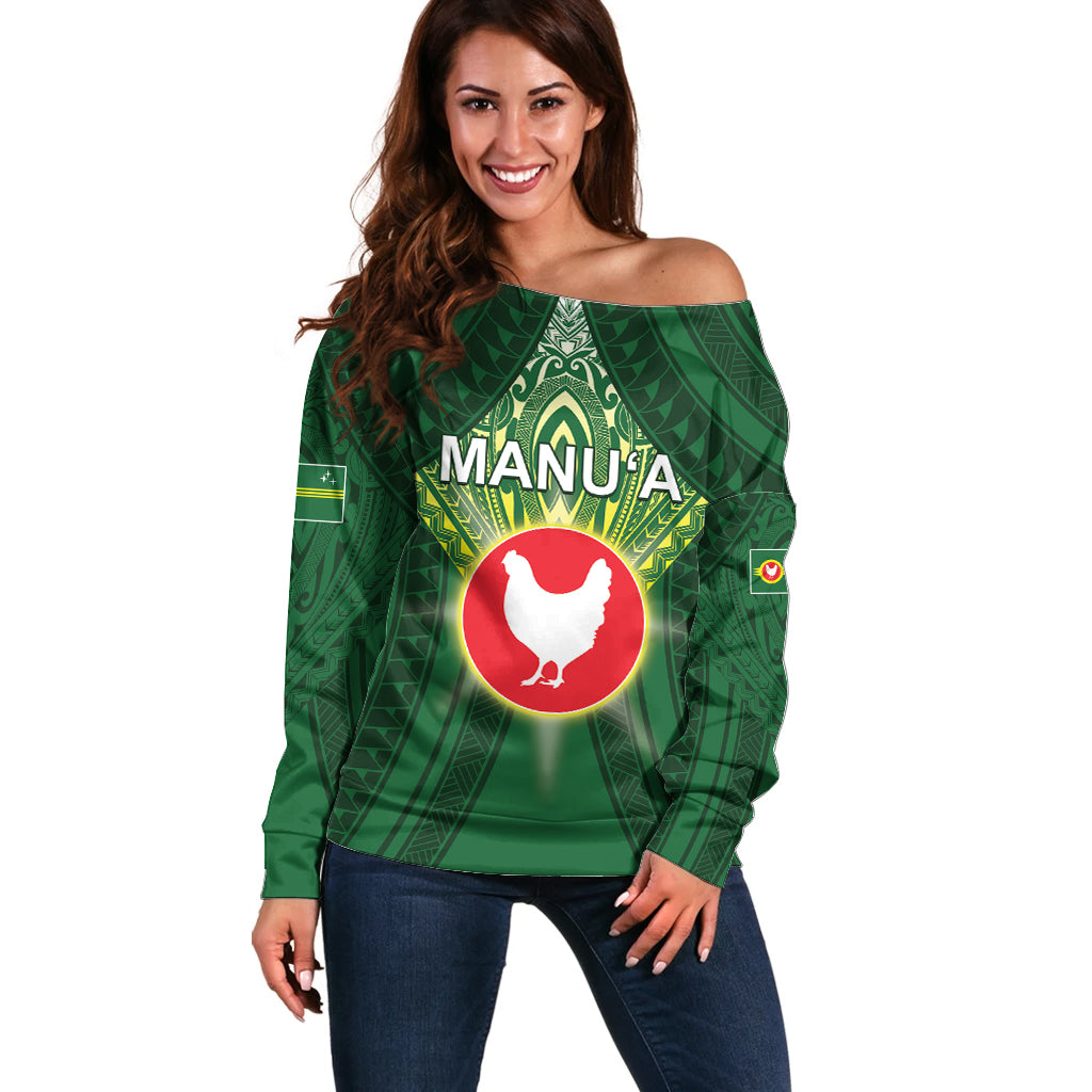 Personalized American Samoa Manu'a Cession Day Off Shoulder Sweater With Polynesian Pattern LT05 Women Green - Polynesian Pride