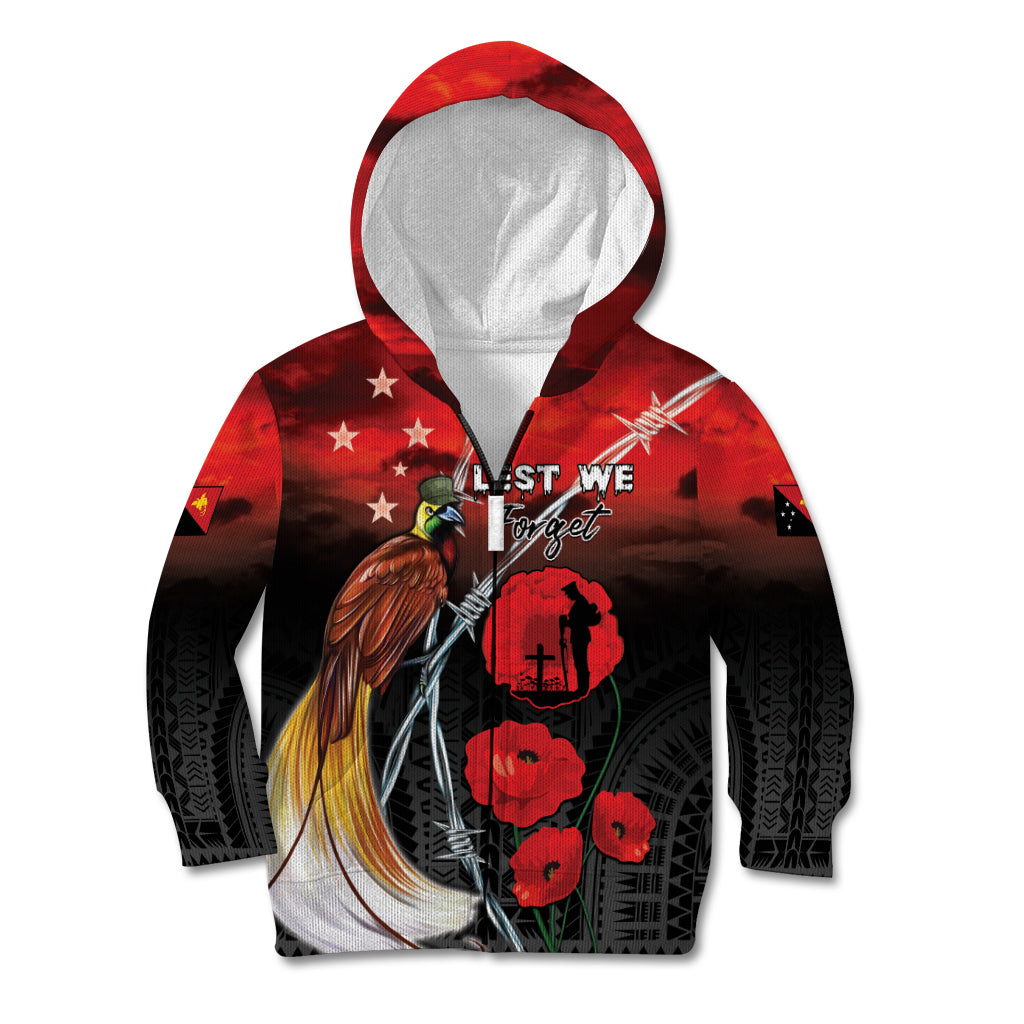 Papua New Guinea Remembrance Day Kid Hoodie Lest We Forget LT05 Zip Hoodie Red - Polynesian Pride