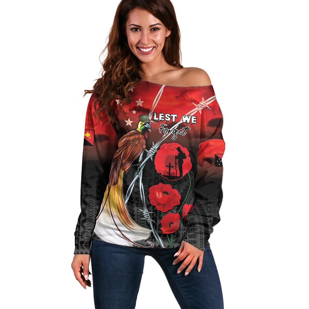Papua New Guinea Remembrance Day Off Shoulder Sweater Lest We Forget LT05 Women Red - Polynesian Pride