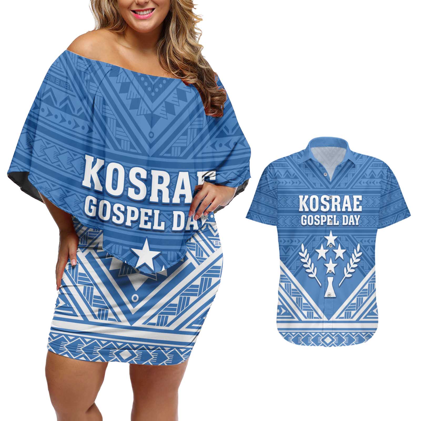 Personalised Kosrae State Gospel Day Couples Matching Off Shoulder Short Dress and Hawaiian Shirt Simple Style