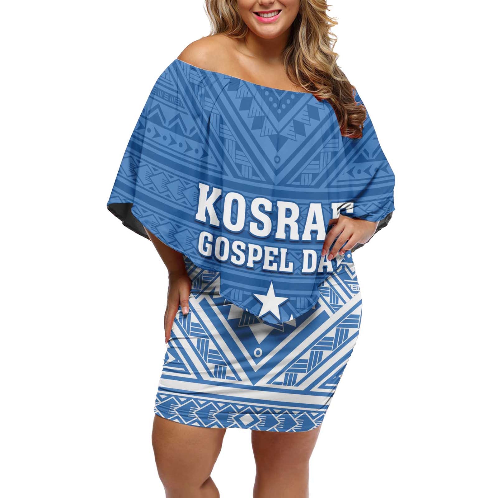 Personalised Kosrae State Gospel Day Off Shoulder Short Dress Simple Style LT05 Women Blue - Polynesian Pride