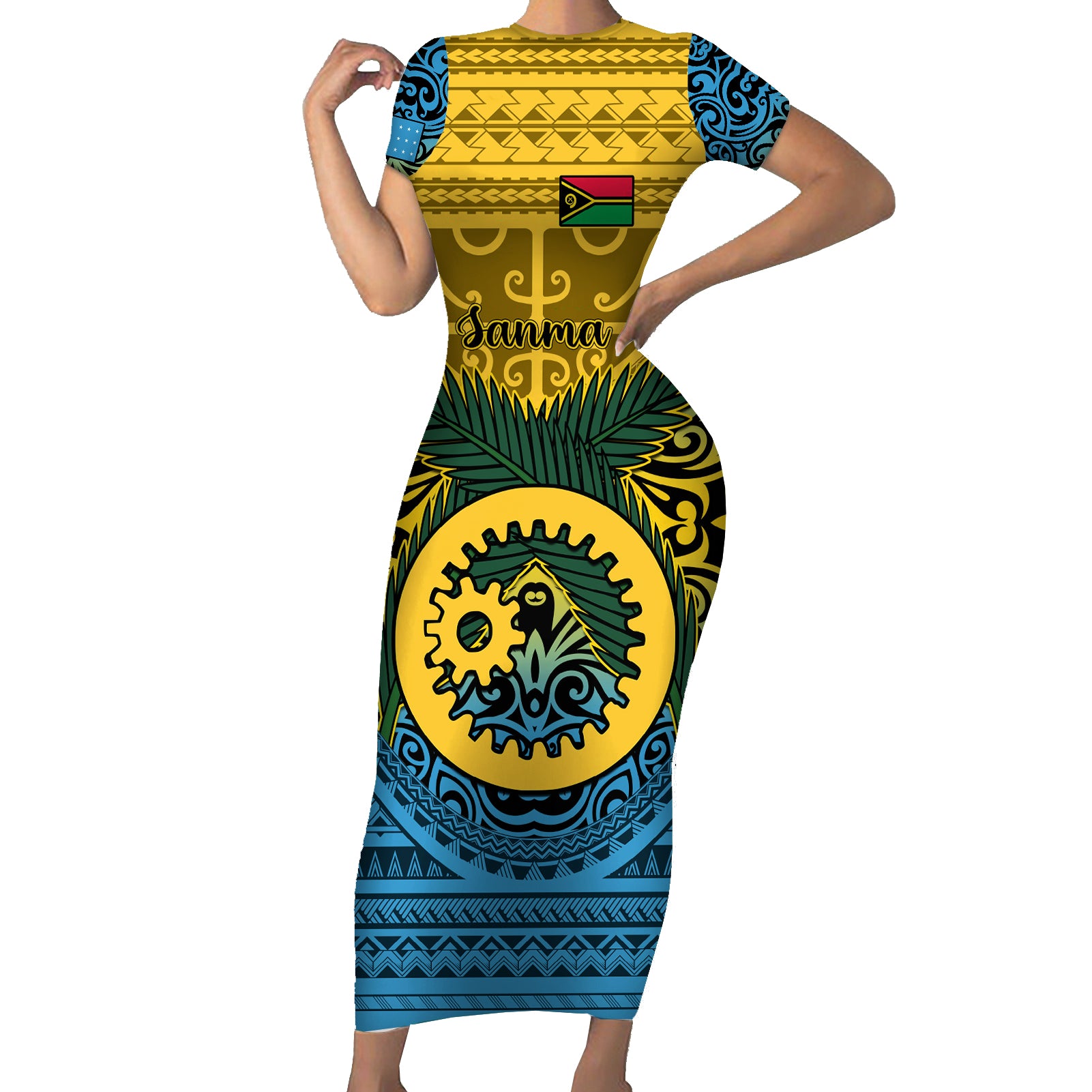 Personalized Vanuatu Sanma Province Short Sleeve Bodycon Dress Coat Of Arms And Namele Fern Polynesian Pattern LT05 Long Dress Yellow - Polynesian Pride