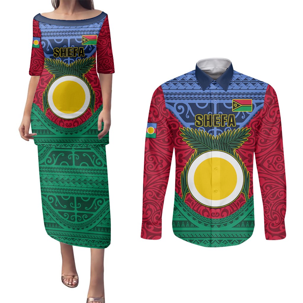 Personalized Vanuatu Shefa Province Couples Matching Puletasi Dress and Long Sleeve Button Shirts Coat Of Arms And Namele Fern Polynesian Pattern LT05 Red - Polynesian Pride