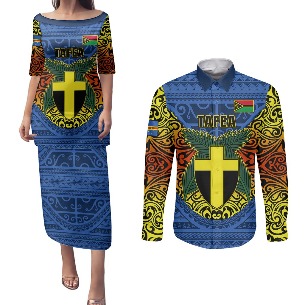 Personalized Vanuatu Tafea Province Couples Matching Puletasi Dress and Long Sleeve Button Shirts Coat Of Arms And Namele Fern Polynesian Pattern LT05 Blue - Polynesian Pride