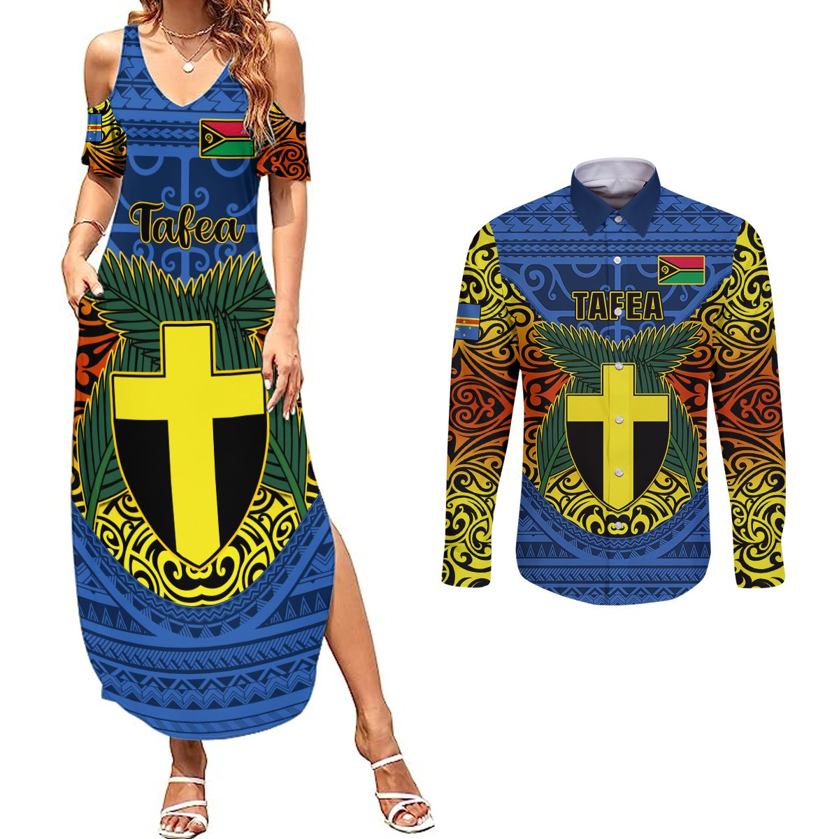 Personalized Vanuatu Tafea Province Couples Matching Summer Maxi Dress and Long Sleeve Button Shirts Coat Of Arms And Namele Fern Polynesian Pattern LT05 Blue - Polynesian Pride