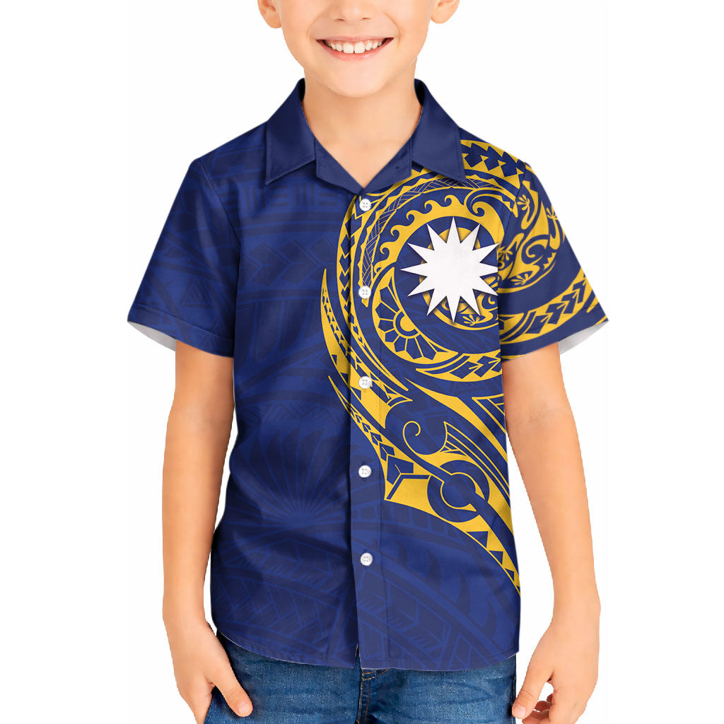 Personalised Nauru Angam Day Kid Hawaiian Shirt Gold Navy Tribal Pattern LT05 Kid Blue - Polynesian Pride