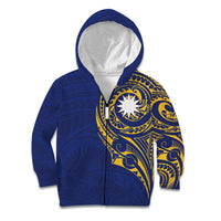 Personalised Nauru Angam Day Kid Hoodie Gold Navy Tribal Pattern LT05 Zip Hoodie Blue - Polynesian Pride