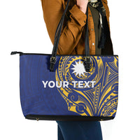 Personalised Nauru Angam Day Leather Tote Bag Gold Navy Tribal Pattern LT05 - Polynesian Pride