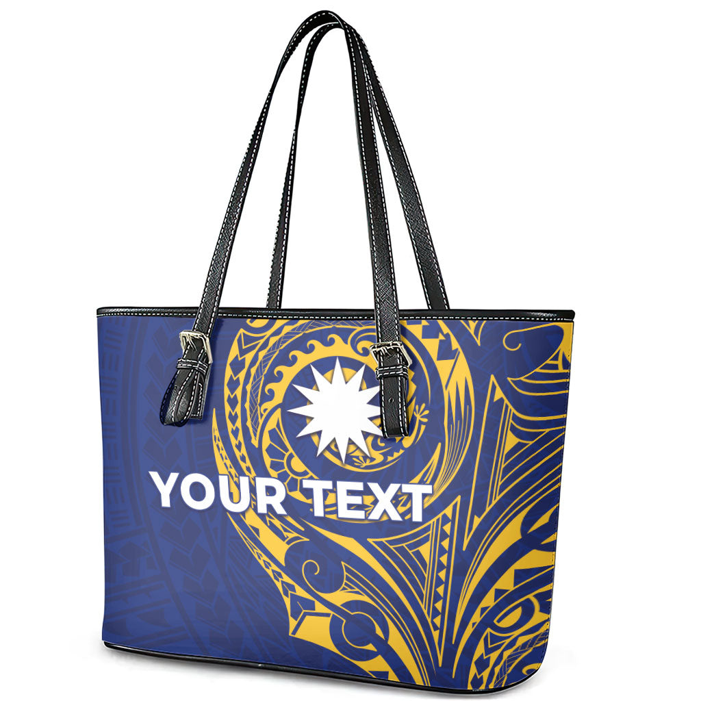 Personalised Nauru Angam Day Leather Tote Bag Gold Navy Tribal Pattern LT05 - Polynesian Pride