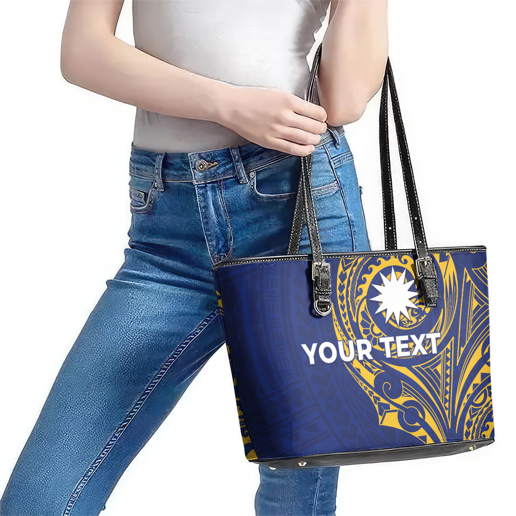 Personalised Nauru Angam Day Leather Tote Bag Gold Navy Tribal Pattern LT05 - Polynesian Pride