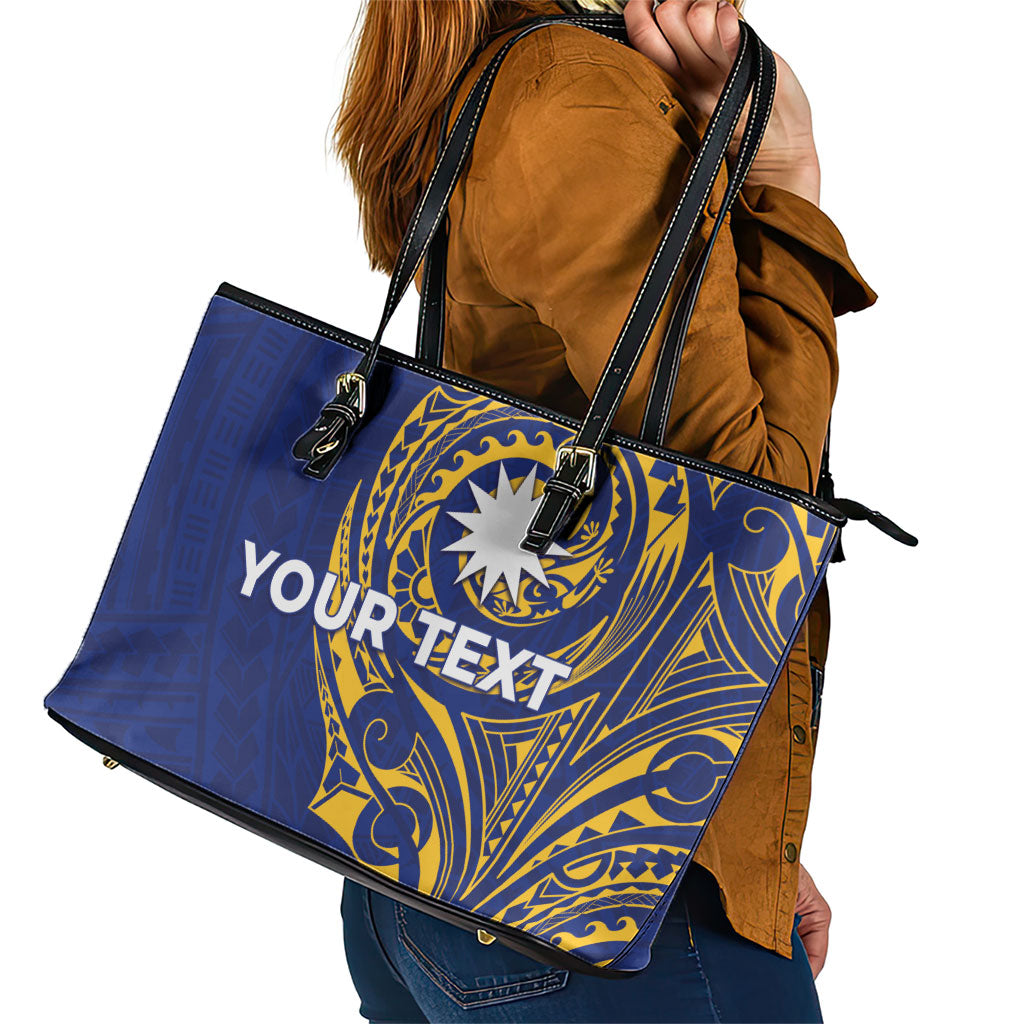 Personalised Nauru Angam Day Leather Tote Bag Gold Navy Tribal Pattern LT05 - Polynesian Pride