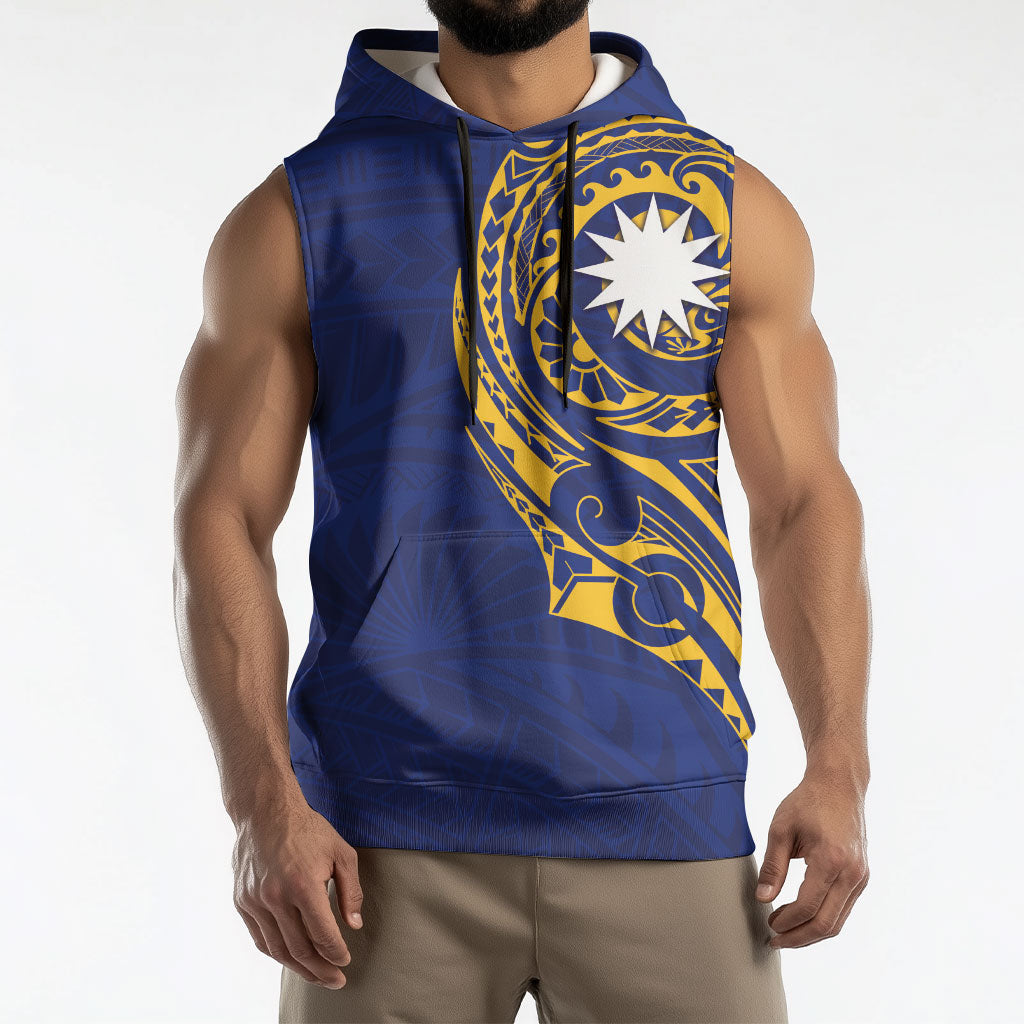 Personalised Nauru Angam Day Sleeveless Hoodie Gold Navy Tribal Pattern LT05 - Polynesian Pride