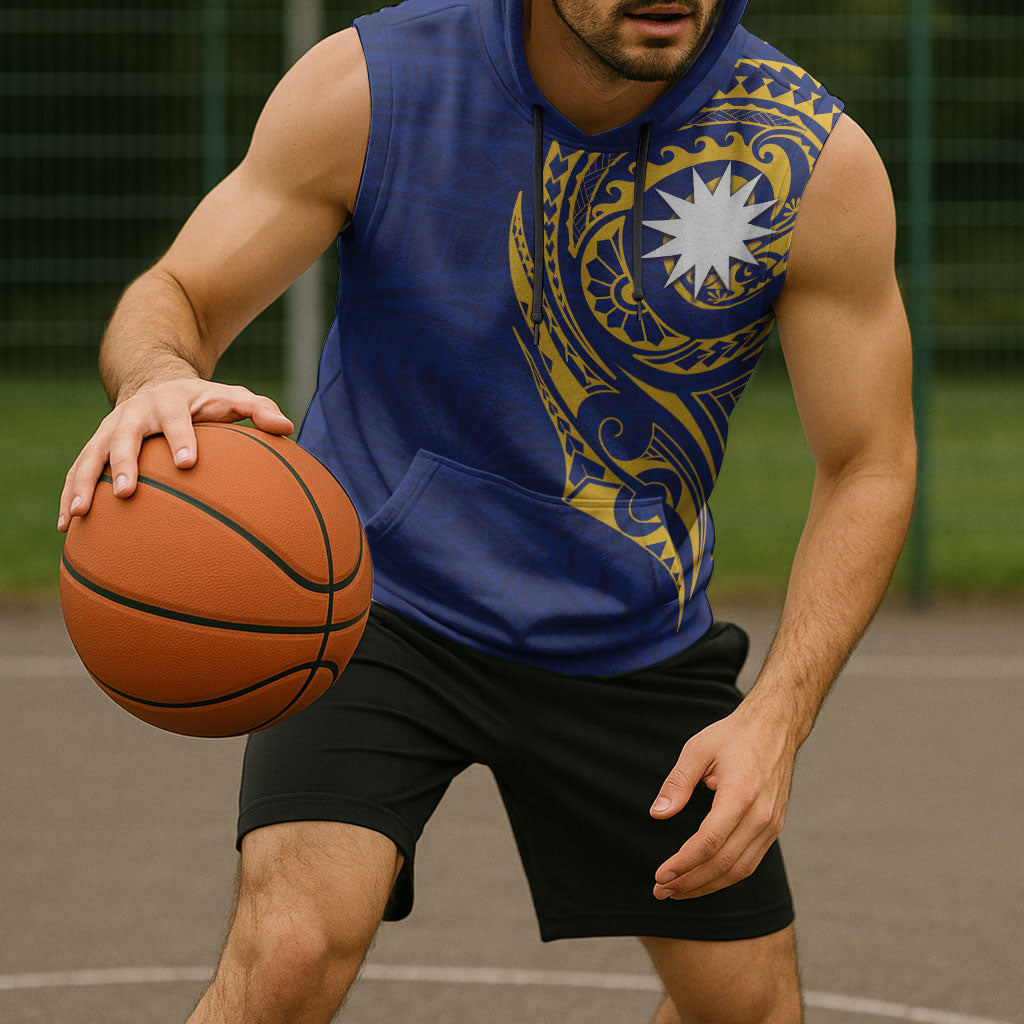 Personalised Nauru Angam Day Sleeveless Hoodie Gold Navy Tribal Pattern LT05 - Polynesian Pride