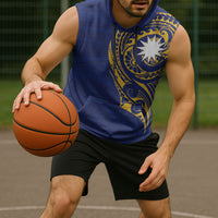 Personalised Nauru Angam Day Sleeveless Hoodie Gold Navy Tribal Pattern LT05 - Polynesian Pride