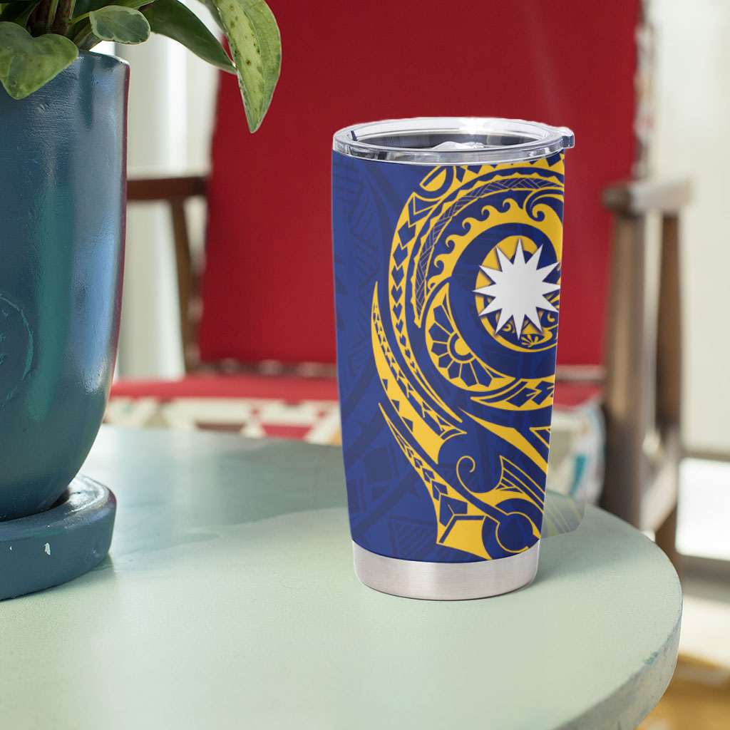 Personalised Nauru Angam Day Tumbler Cup Gold Navy Tribal Pattern LT05 - Polynesian Pride