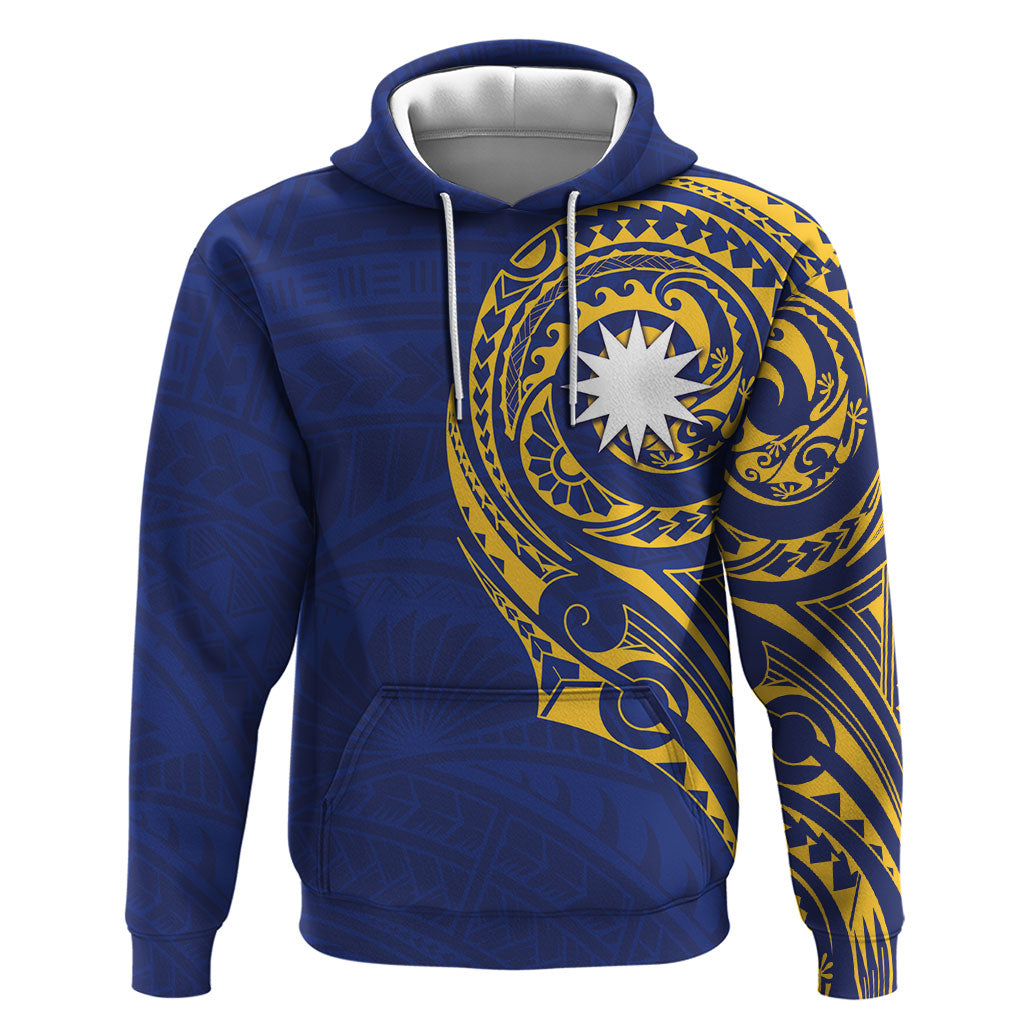 Personalised Nauru Angam Day Zip Hoodie Gold Navy Tribal Pattern LT05 Pullover Hoodie Blue - Polynesian Pride