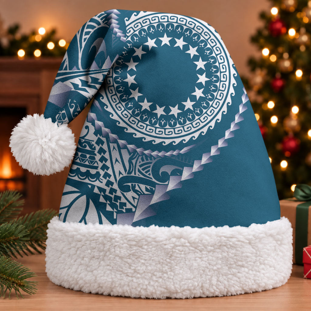 Cook Islands Gospel Day Christmas Santa Hat Blue Tribal Curves LT05 With Fur Blue - Polynesian Pride